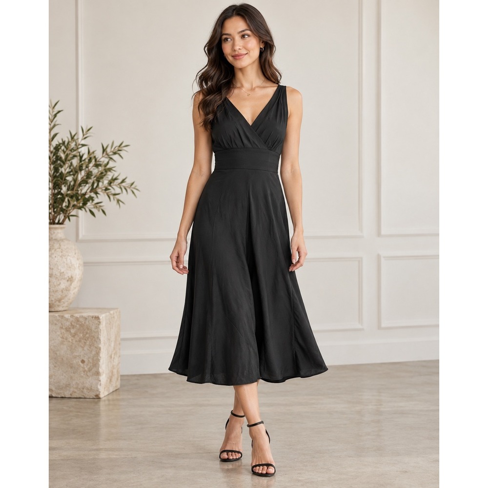 J.Crew Silk Midi Dress Womens 4P Black V-Neck Empire Waist LBD Cocktail Y2K
